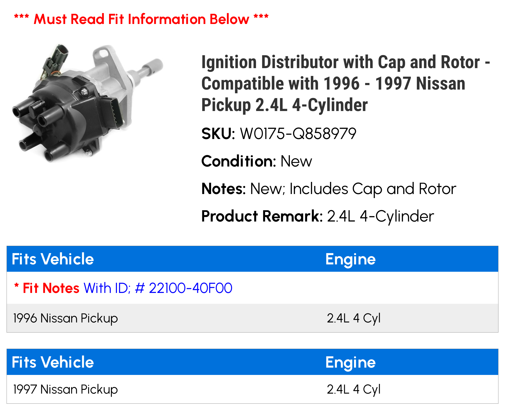 Ignition Distributor with Cap and Rotor - Compatible with 1996 - 1997 Nissan Pickup 2.4L 4-Cylinder
