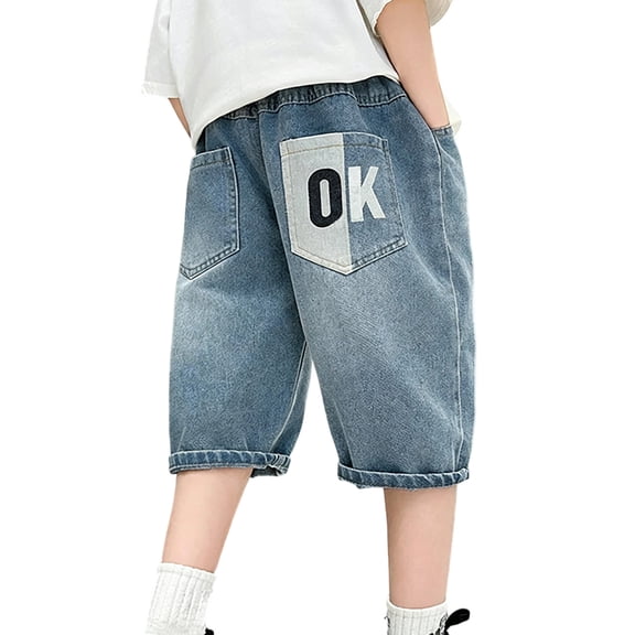 CAIXIA Baggy Jeans Shorts Boys Wide Leg Pants Denim Shorts Knee Length Elastic Wasit Jorts Y2k Trendy Boyfriend School Bermuda Shorts Streetwear Preppy Clothes