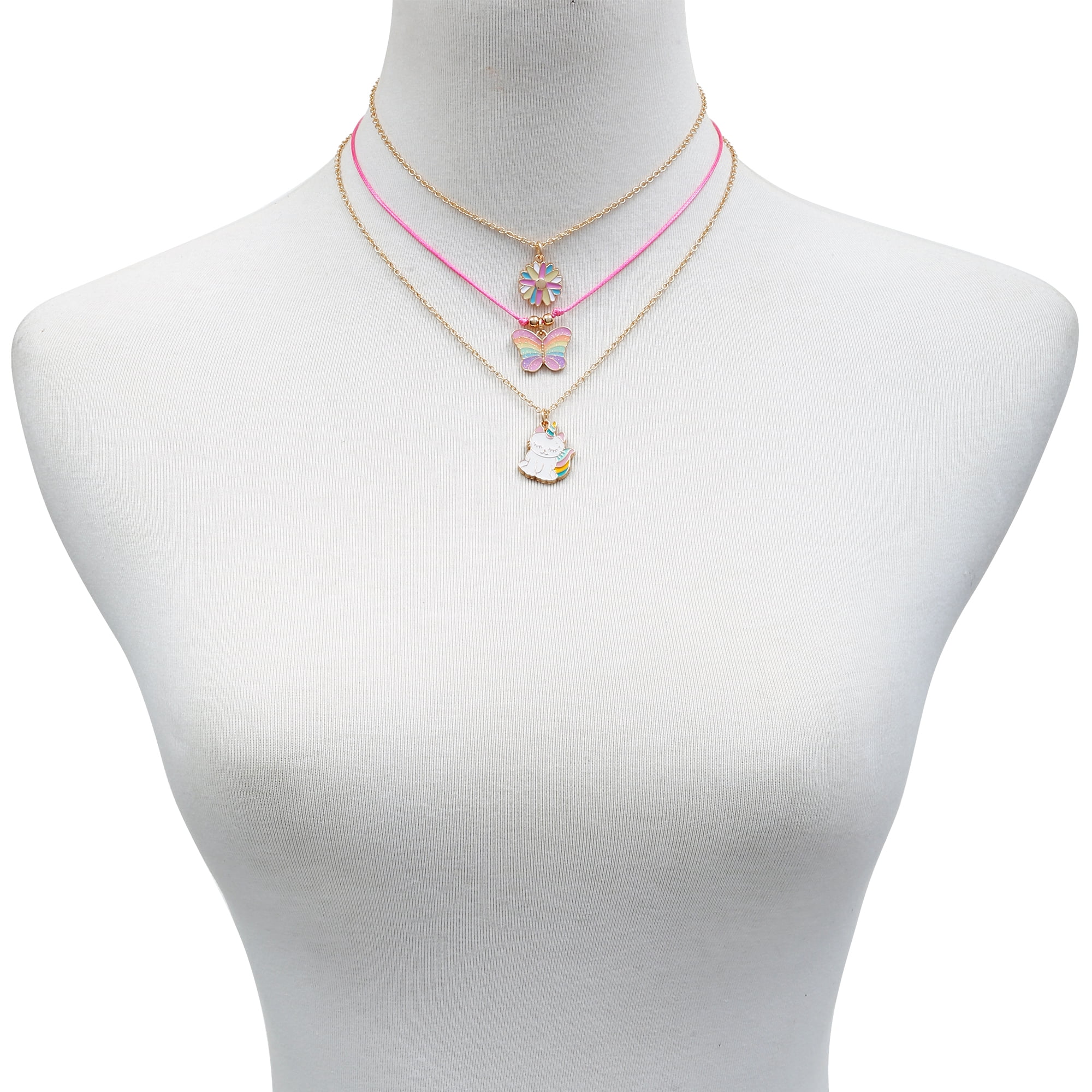 Wonder Nation Girls Trio Necklace set. Caticorn, Butterfly, and Flower Charms in Multi Pastel Colors. 14", 15", 16"