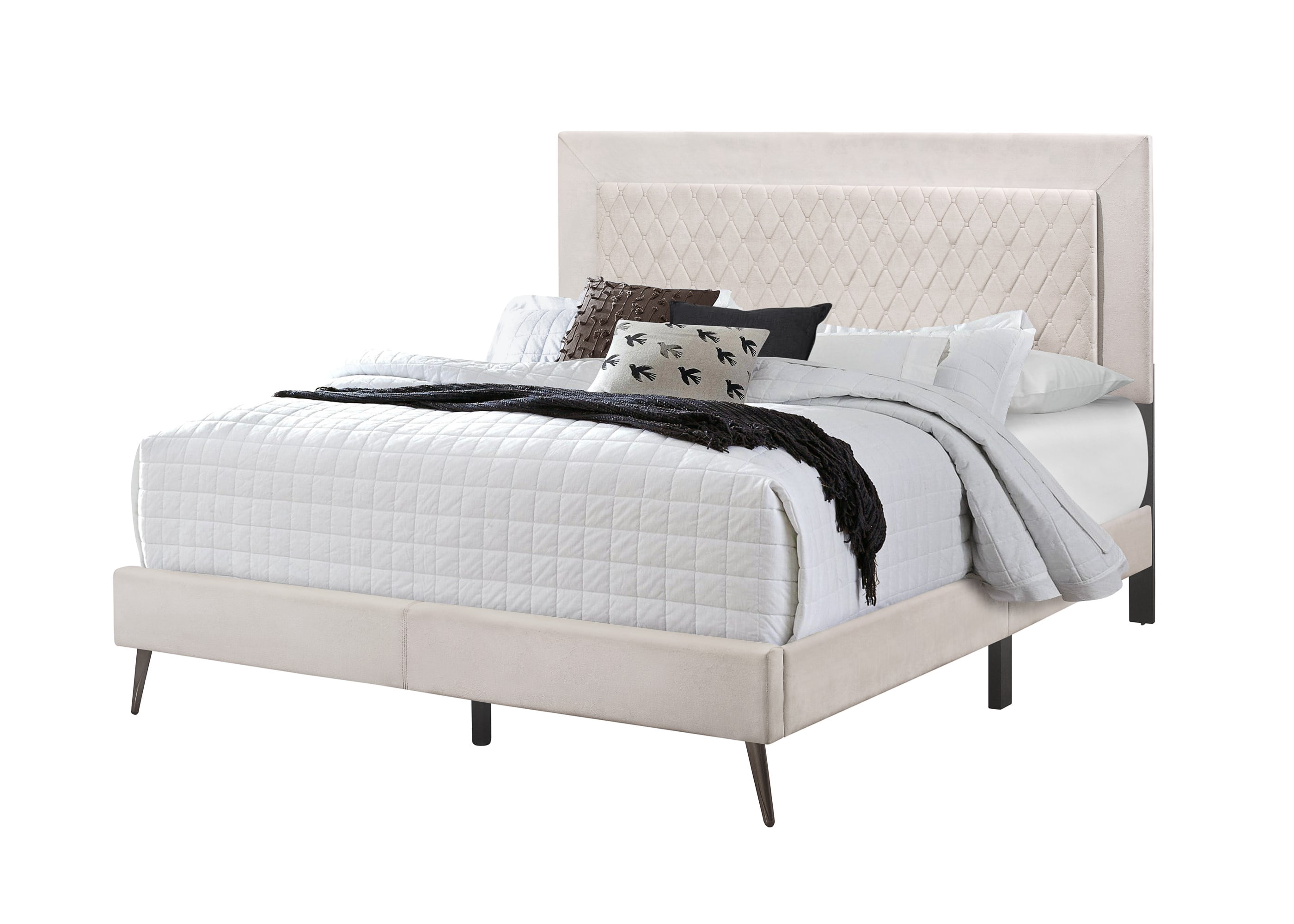 Home Design Lattice King Upholstered Panel Bed Frame, Velvet Upholstery, Foam-Padded Headboard, Light Gray, Easy Assembly