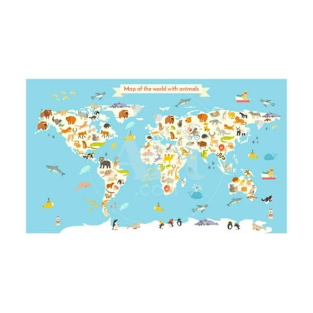 Cartoon Map - Animals World Map. Colorful Cartoon Vector Illustration for Children and Kids. Print Wall Art By coffeee_in