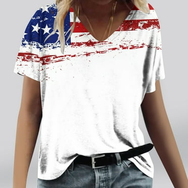Cavosen Red White and Blue Shirts for Women Petite Independence Day Short Sleeve V Neck T Shirts USA Star Striped Graphic Shirts Lady XL 4th of July Casual Shirts Red White and Blue Tunic Tees