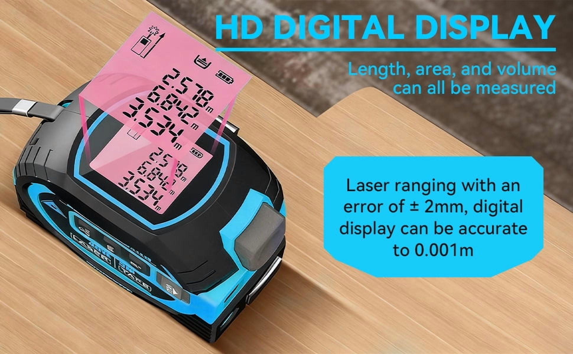 3-in-1 Multi-functional Measuring Tape with Laser Level Crosshair and LED Display, Digital Measuring Tape  with Cross Line, AutoLock, Measure Area, Volume, Pythagorean