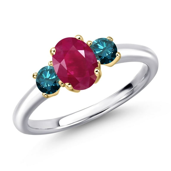 Gem Stone King 925 Silver and 10K Yellow Gold Red Ruby and Blue Diamond Engagement Ring for Women | 1.30 Cttw | Oval 7X5MM | Gemstone July Birthstone | Size 5