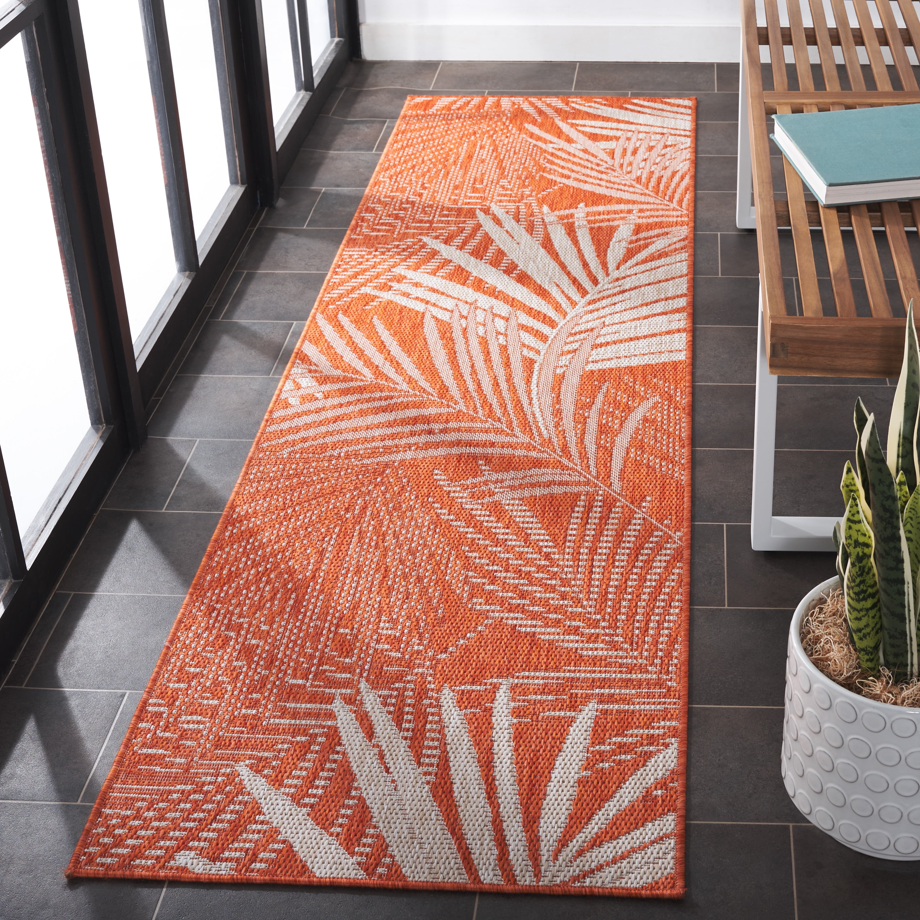 SAFAVIEH Beach House Declan Botanical Indoor/Outdoor Runner Rug, Orange/Ivory, 2'2" x 8'