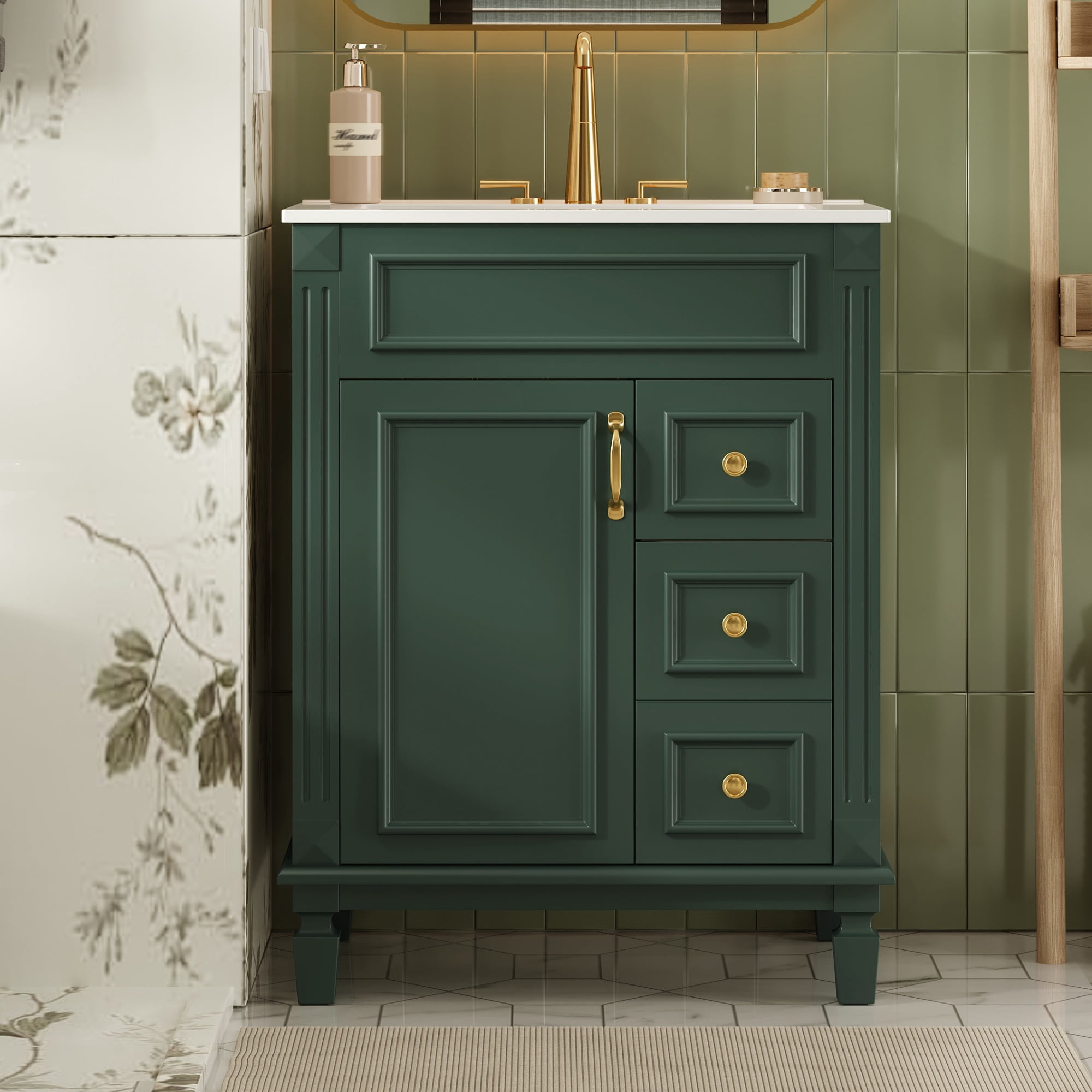 Euroco 24" Bathroom Vanity with Ceramic Sink, Small Bathroom Sink Cabinet, Modern Cabinet with 2 Drawers and Adjustable Shelf