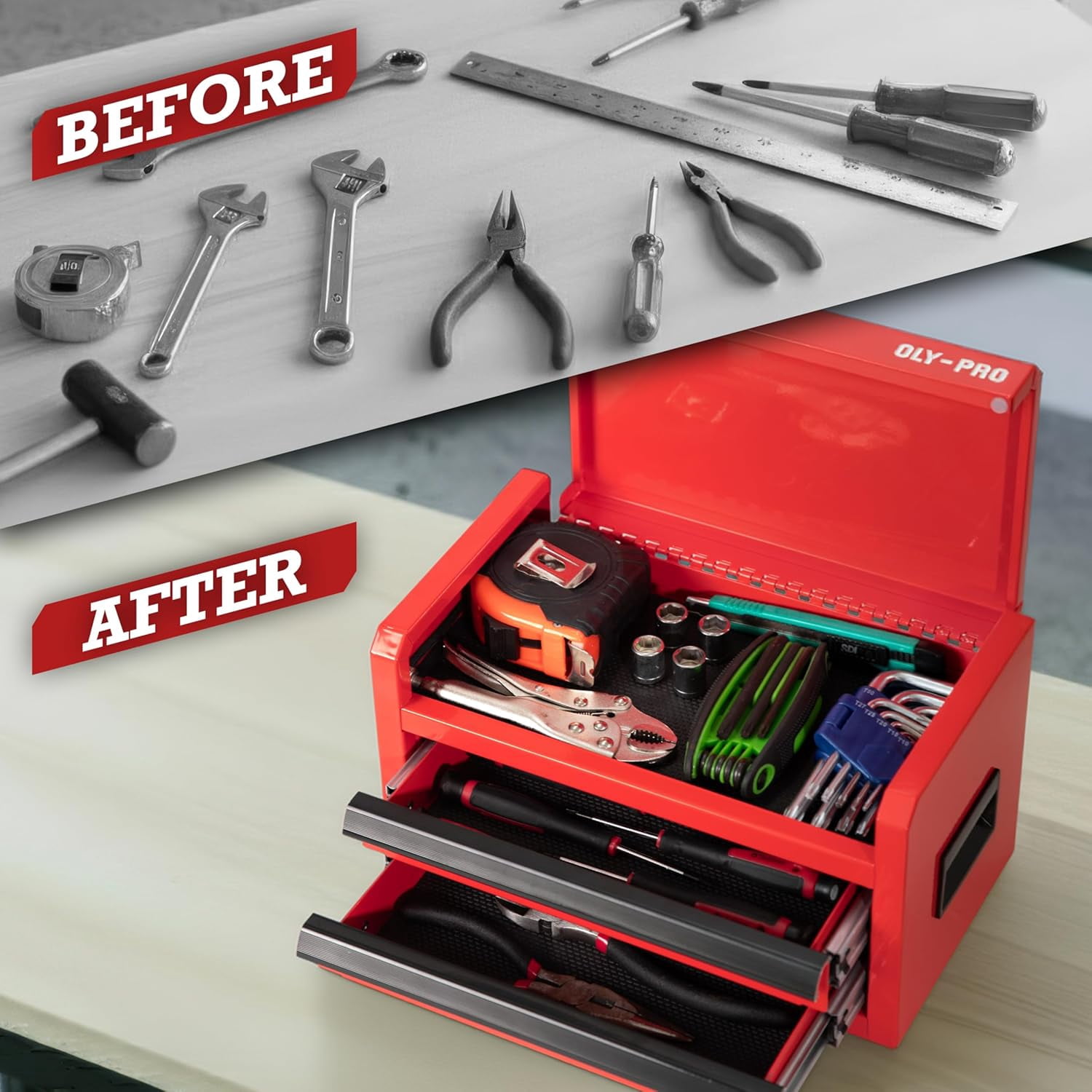 OLY-PRO Mini Tool Box With Drawers, Steel Tool Storage Cabinet with Top Organizer and Ball-Bearing Slides, Portable  Small Toolbox for Garage,  Red