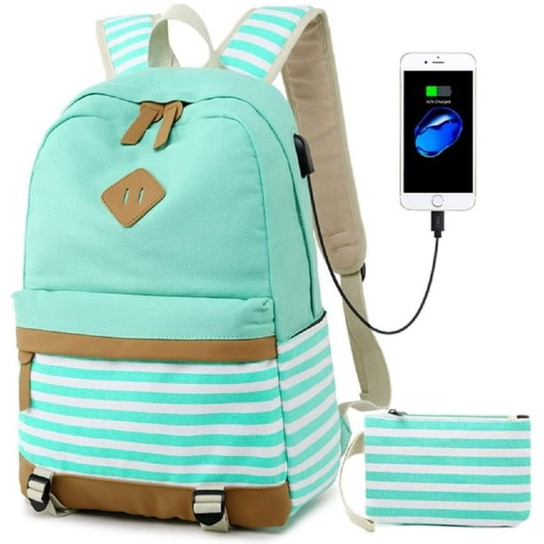 Sac à dos scolaire fille adolescent rayures cartable sac à dos en toile avec  compartiment pour ordinateur portable 15,6 pouces avec port de chargement  USB et sac à main 2 pièces vert 
