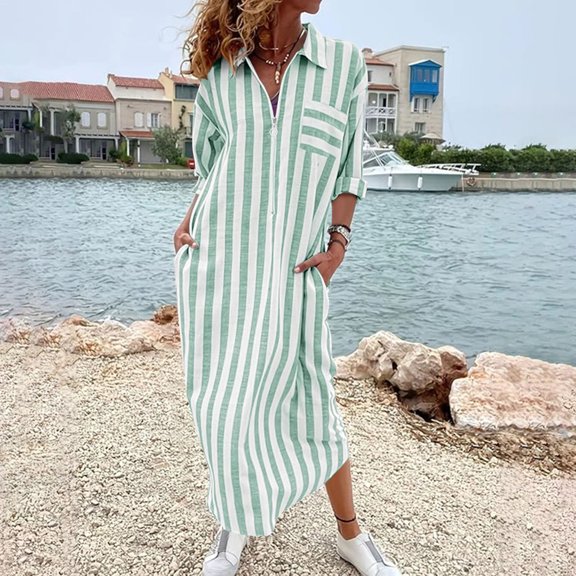 Odbmxy Maxi Dress Women Striped Long Sleeve Fall Shift Casual Collared Beach Holiday Loose Shirt Dress Women