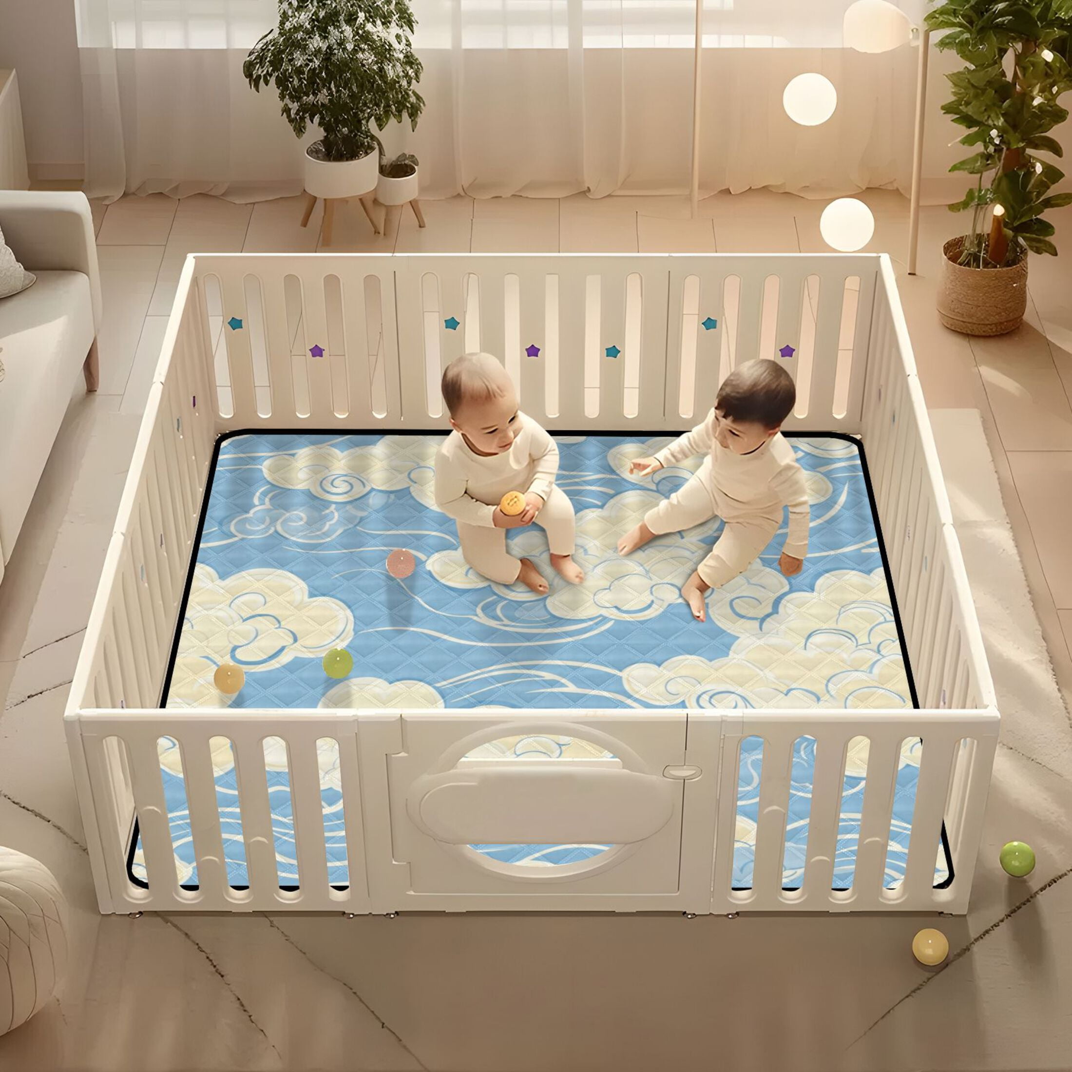 WOBOGO White Cloud Pattern on Blue Background Baby Playmats Extra Large Waterproof Rollable Activity Pads for Toddlers 50×50inch