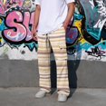 thumbnail image 5 of GrmtClth Cargo Pants For Men Striped Print Loose Straight Leg Lightweight Drawstring Casual Streetwear Trousers Beige 2XL, 5 of 8