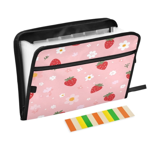 Accordion File Organizer with Zip Closure 13 Pockets Expanding File Folder Letter A4 Paper Document Organizer for Home Office Strawberry and Flowers