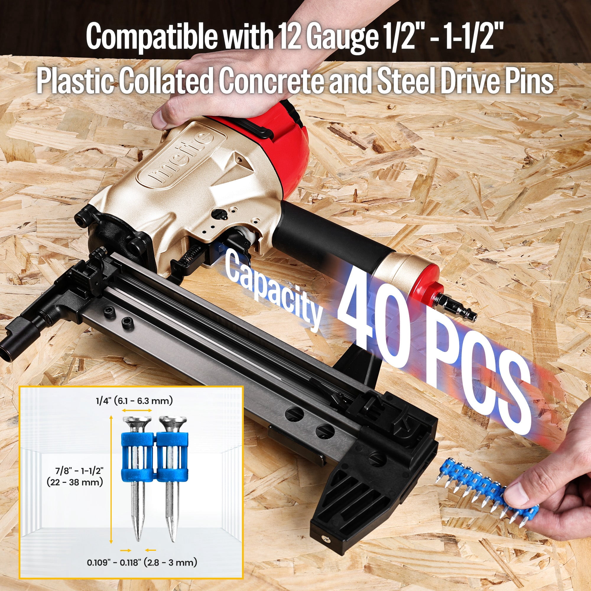MEITE MTCS3040L Pneumatic Concrete and Steel Pinner 12Gauge 1/2" to 1-1/2" Length Concrete Nailer
