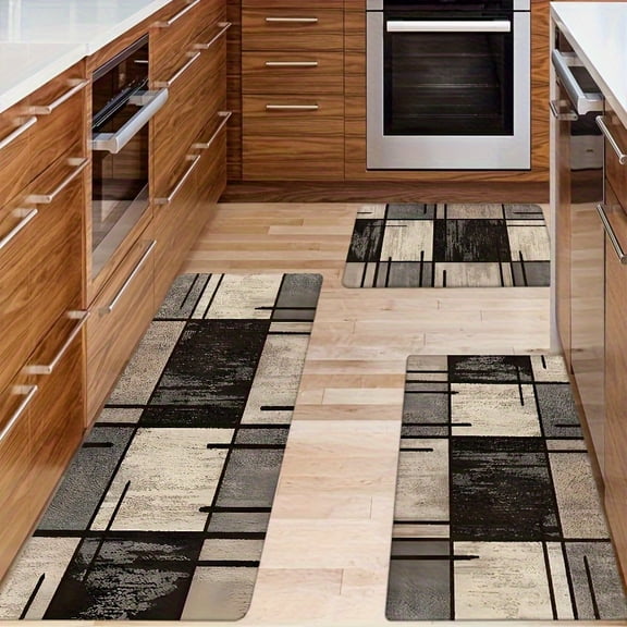 [Comfortable Kitchen Mat] 2/3pcs Set Comfortable Anti-Slip Kitchen Mat |  Abstract Geometric Flannel Material Small Carpet, Decorative Standing Mat