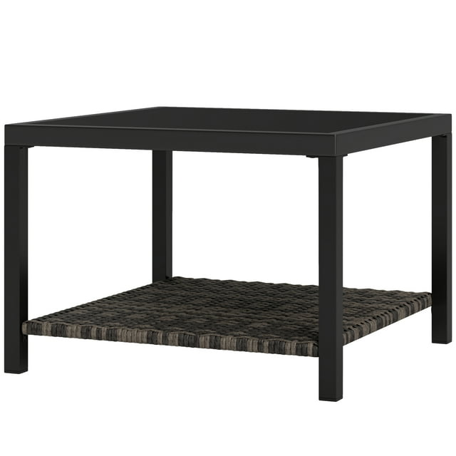 CoSoTower 23.6" Rattan End Table, Outdoor Coffee Table with Tempered Glass Top, Storage Shelf for Patio, Garden, Balcony, Black