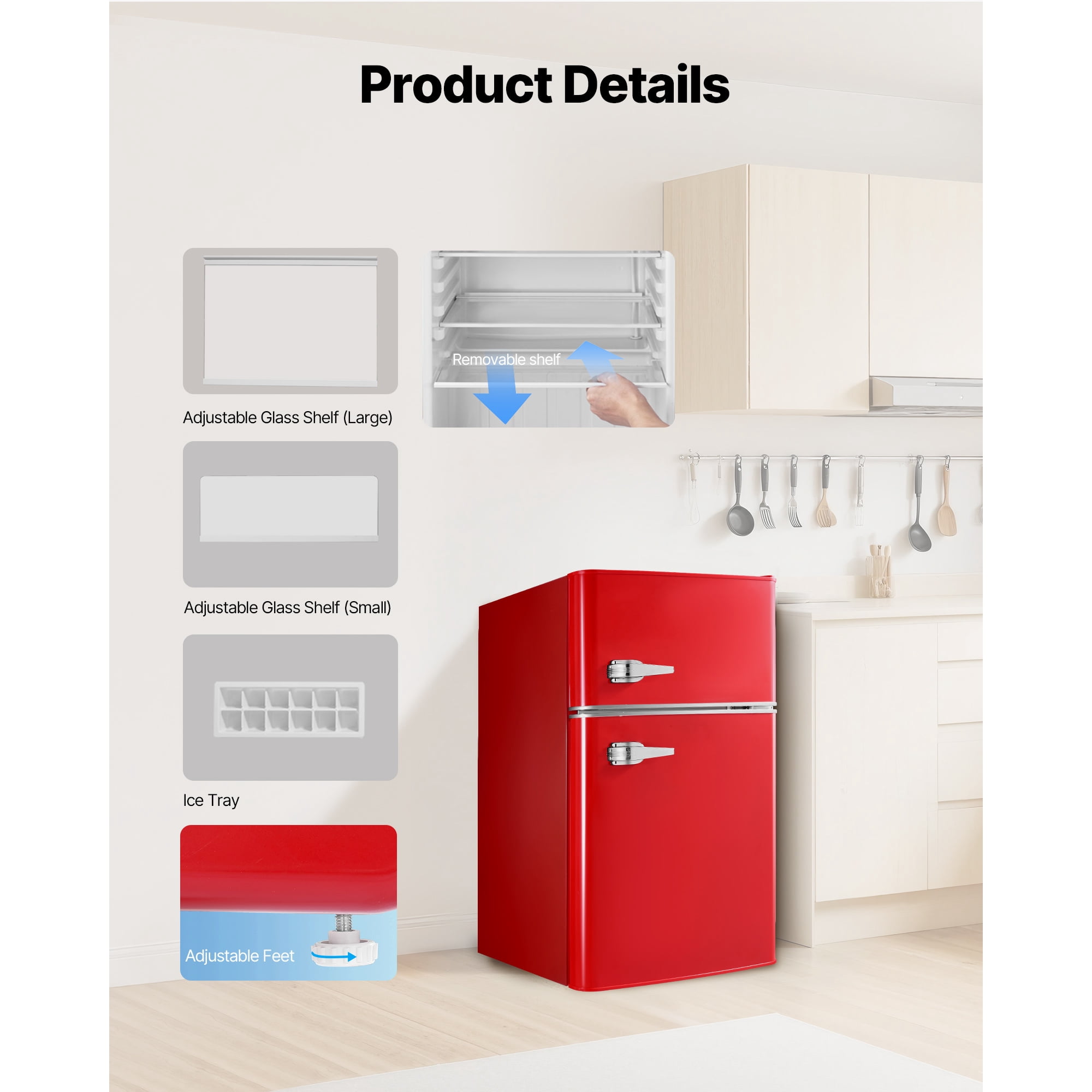 KFFKFF Compact Mini Fridge with Freezer, 3.2 Cu.Ft, Dual-Door Refrigerator with Adjustable Temperature, Glass Shelves, Energy-Saving Design, Quiet Operation, Ideal for Bedroom, Office, Red