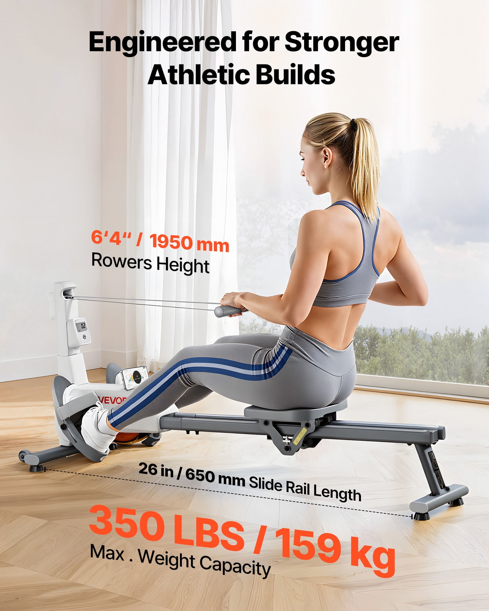 VEVOR Magnetic Rowing Machine,16-Level Quiet Resistance Adjustable, Foldable Rower Machine for Home, 350 LBS Weight Capacity, Row Machines with Dual-Slide Rail, Bluetooth APP Compatible & LCD Monitor