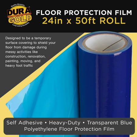 Dura-Gold Floor Protection Film, 24-inch x 50' Roll - Blue Self Adhesive Temporary Floor Covering, Protect Flooring from Foot Traffic, Paint Spills, Dust, Construction Debris, Moving - Hardwood, Tile