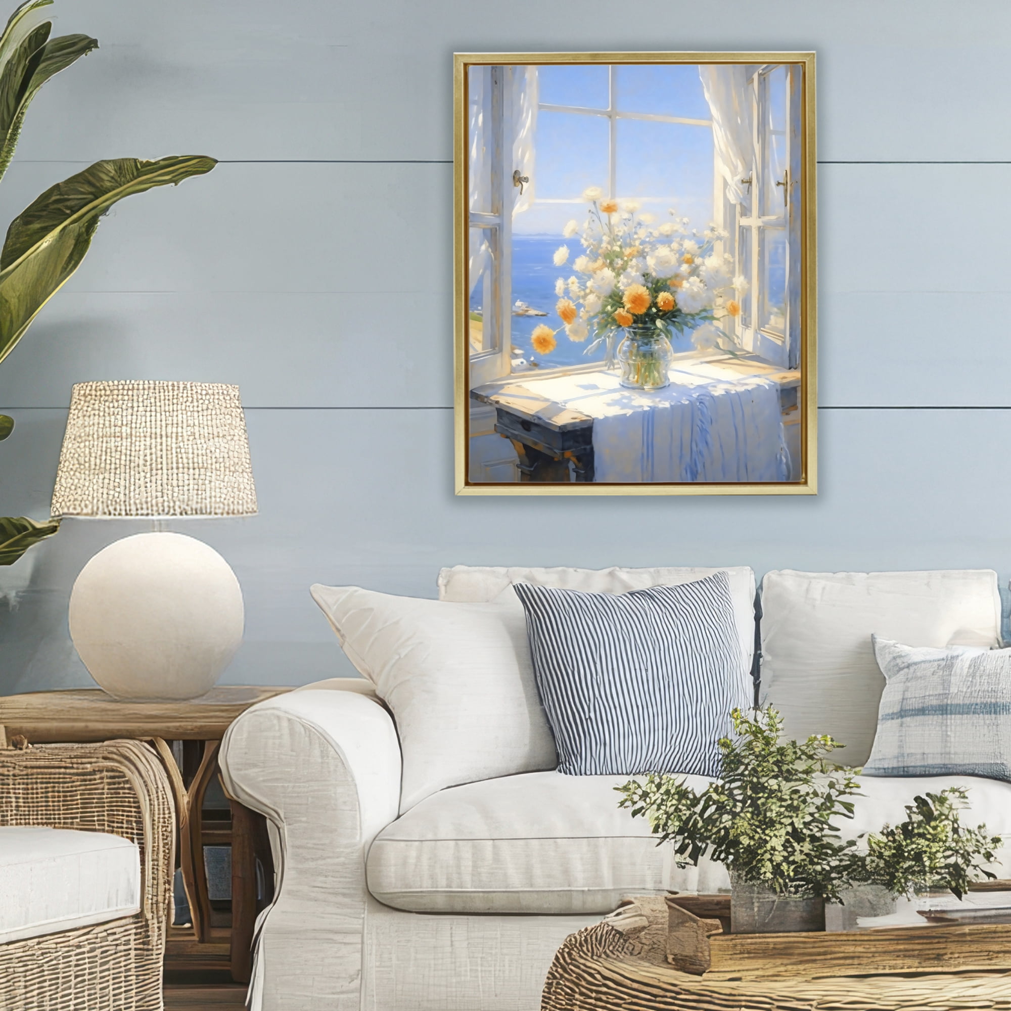 Stupell Industries Floral Window View of Sea Gold Framed Floater Canvas Wall Art, design by Creative Studio
