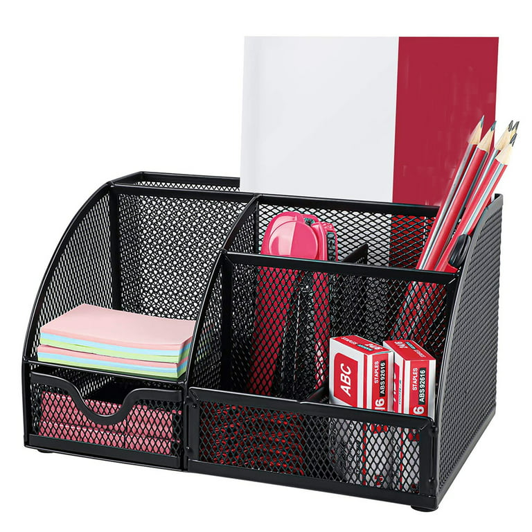 Mdhand Office Desk Organizer and Accessories Mesh Desk Organizer with 6 Compartments + Drawer