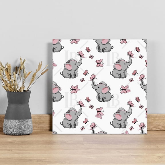 Cute Elephants Wall Art Painting on Canvas, Cartoon Funny Butterflies Pink Canvas Art Home Prints Wall Art Framed Modern Artwork for Living Room Bedroom Wall Decor 16x16in