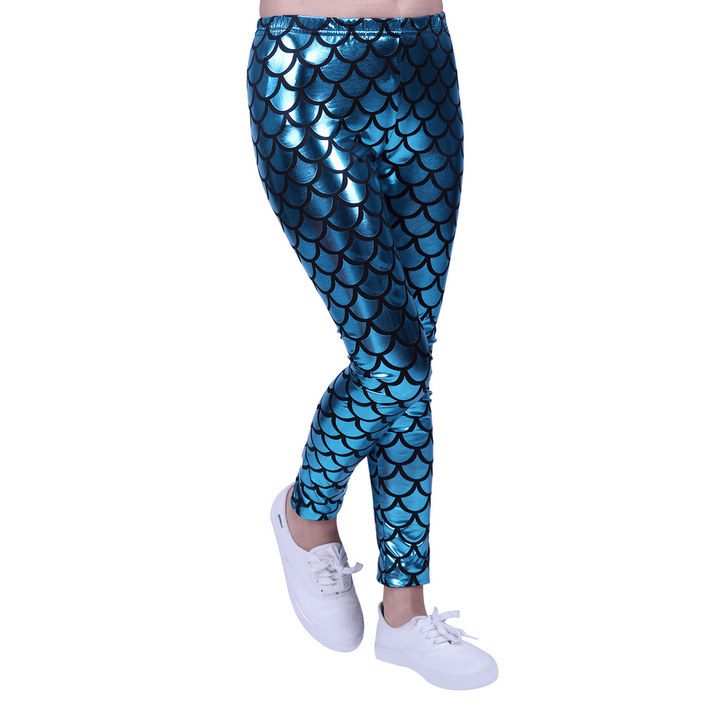 hde girl's shiny mermaid leggings metallic fish scale tights mermaid