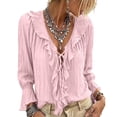 thumbnail image 2 of HaCpiu Women's Solid V-Neck Ruffle Blouse, Casual Loose Long Sleeve Tunic Shirt, Lightweight Flowy Tie-Front Top with Bell Cuffs, Pink XL, 2 of 5