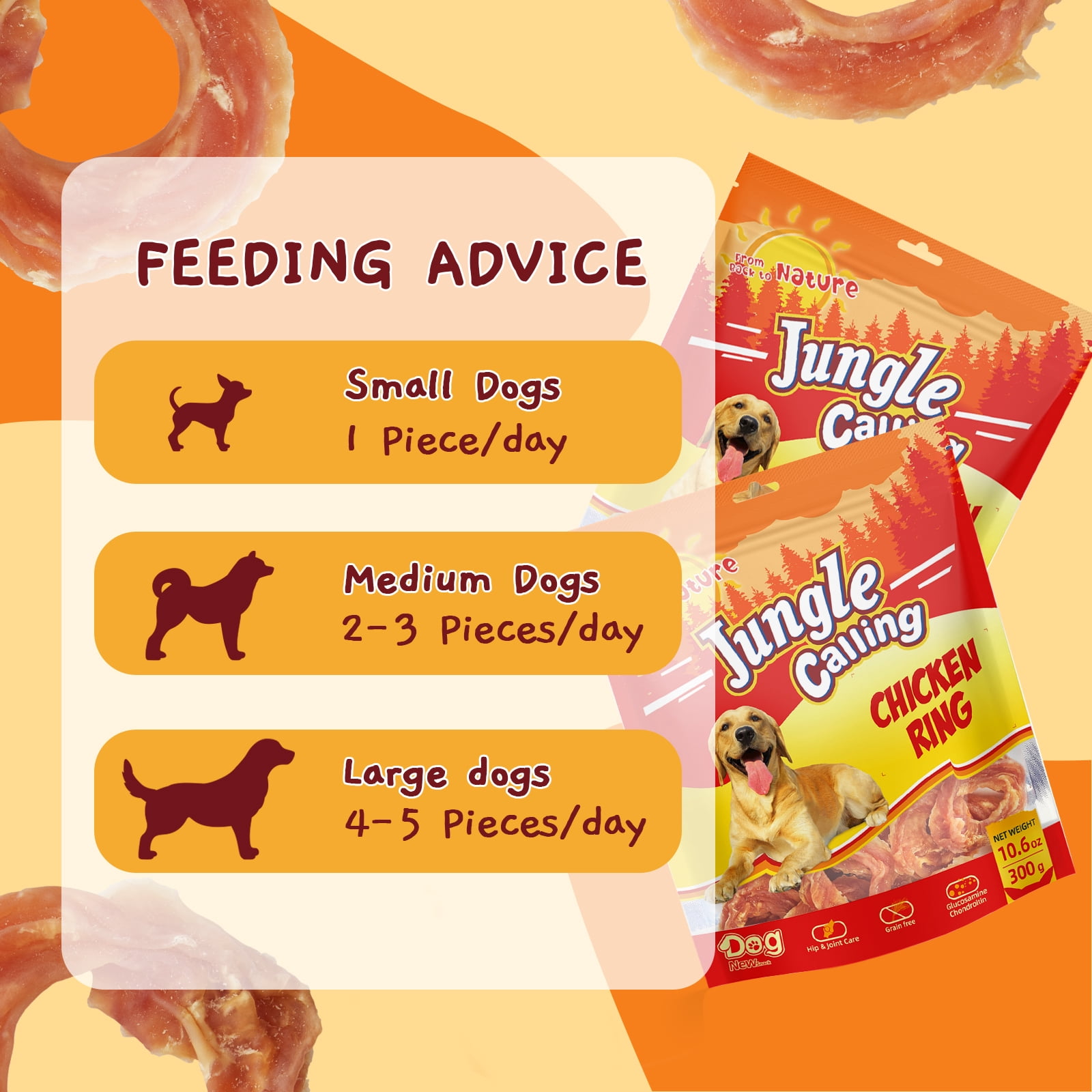 (5 pack) Jungle Calling Chicken Jerky Rings,Chewy Snacks Help Hip & Joint Health,Dog Treats