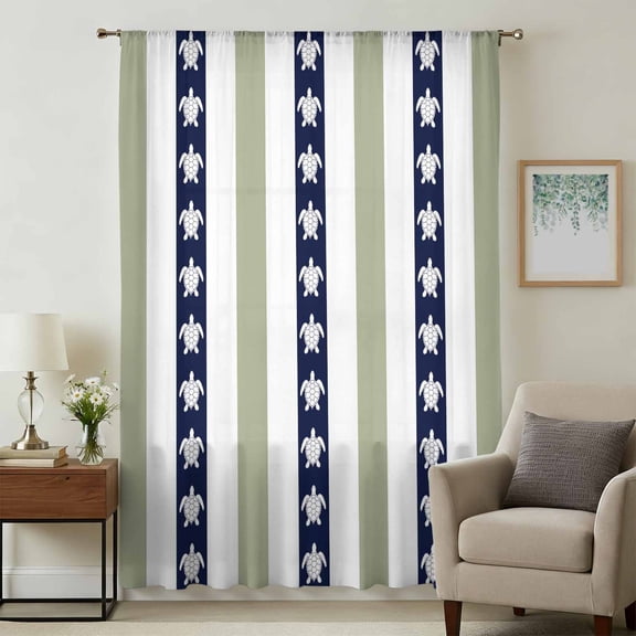 Coastal Turtle Sheer Curtains 63 Inches Long, Sage Green Stripe Navy White Ocean Light Filering Curtains, Breathable Simi Curtain Privacy Drapes for Living Room Bedroom Lightweight Window Treatment