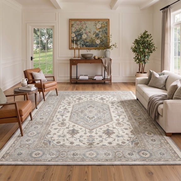 GENIMO 5'x7' Soft Vintage Diamond Area Rug for Living Room, Machine Washable Non Slip Low Pile Rug for Bedroom Dining Room, MEDINA