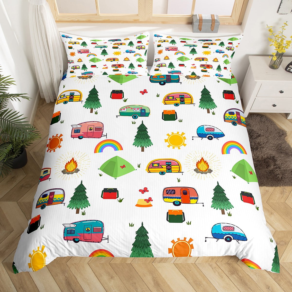 Rainbow Lodge Cabin Duvet Cover Camping Themed Bedding Set,Happy