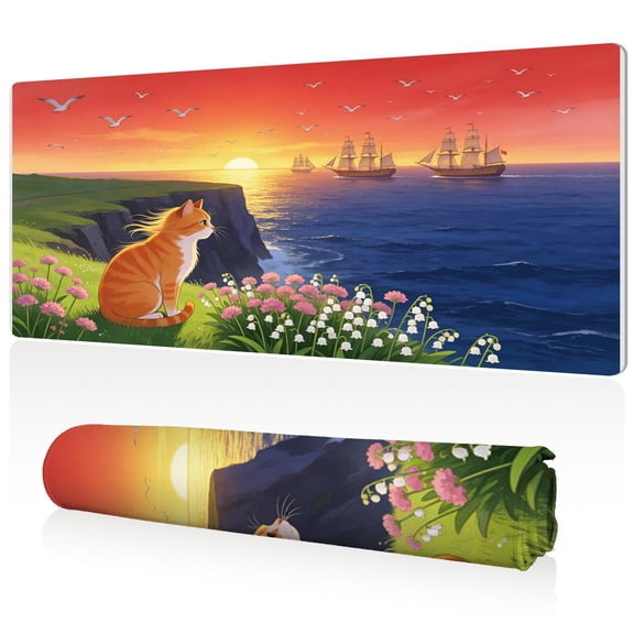 LIVEKEY Mouse Pad 80x40x0.3cm Coastal Cat Sunset Extra Large Full Desk Coverage Non Slip Durable Easy Clean Stitched Edges for Gaming and Office