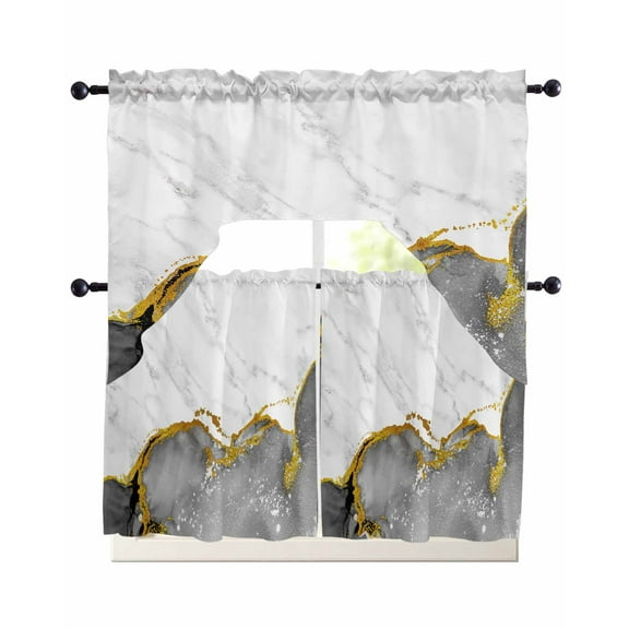 Gray Gold Marble Kitchen Curtains Sets 24 Inch Length with Valance, Modern Abstract Marble Crack Texture Swag Valances and Tiers Curtain Set Drapes Swag Curtains for Living Room, Bathroom, Bedroom
