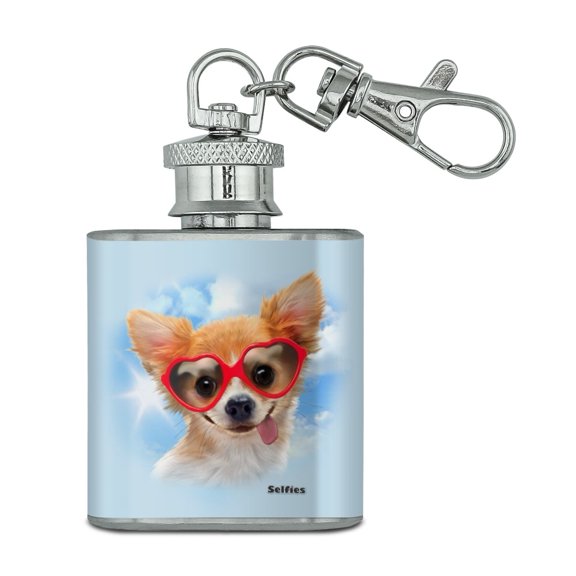 Chihuahua Dog Heart Glasses Selfie Stainless Steel 1oz Mini Flask Key Chain