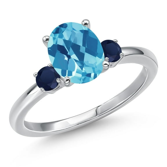 Gem Stone King 14K White Gold Swiss Blue Topaz and Blue Sapphire Engagement Ring for Women | 2.55 Cttw | Oval Checkerboard 9X7MM | Gemstone November Birthstone | Size 5