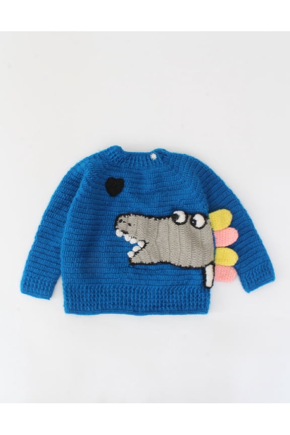 Handmade Full Sleeves Dino Face Detailing Sweater For Kids-Blue