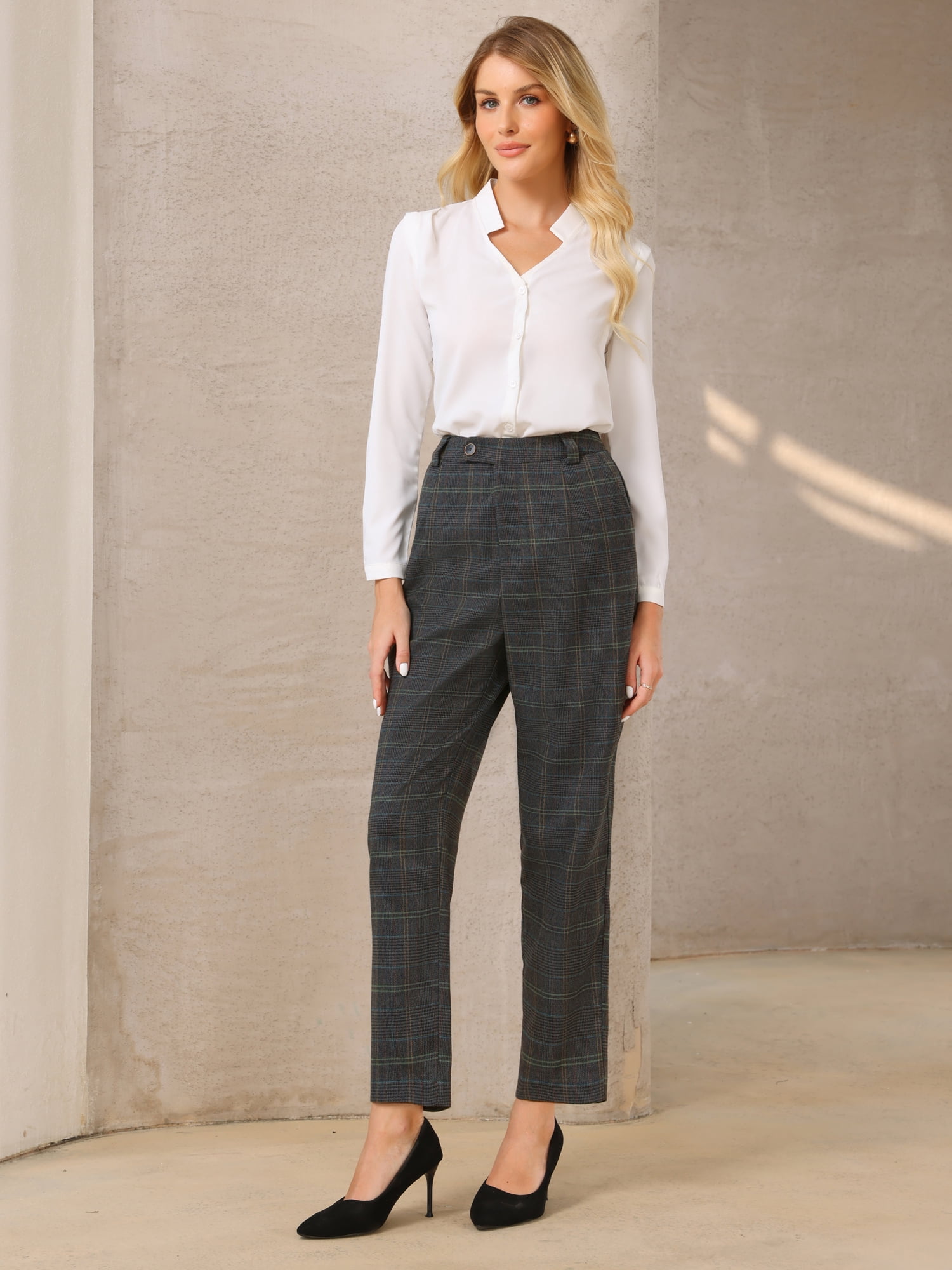 DARING DIVA Women's Plaid Houndstooth Tartan Long Trousers XL Dark Grey