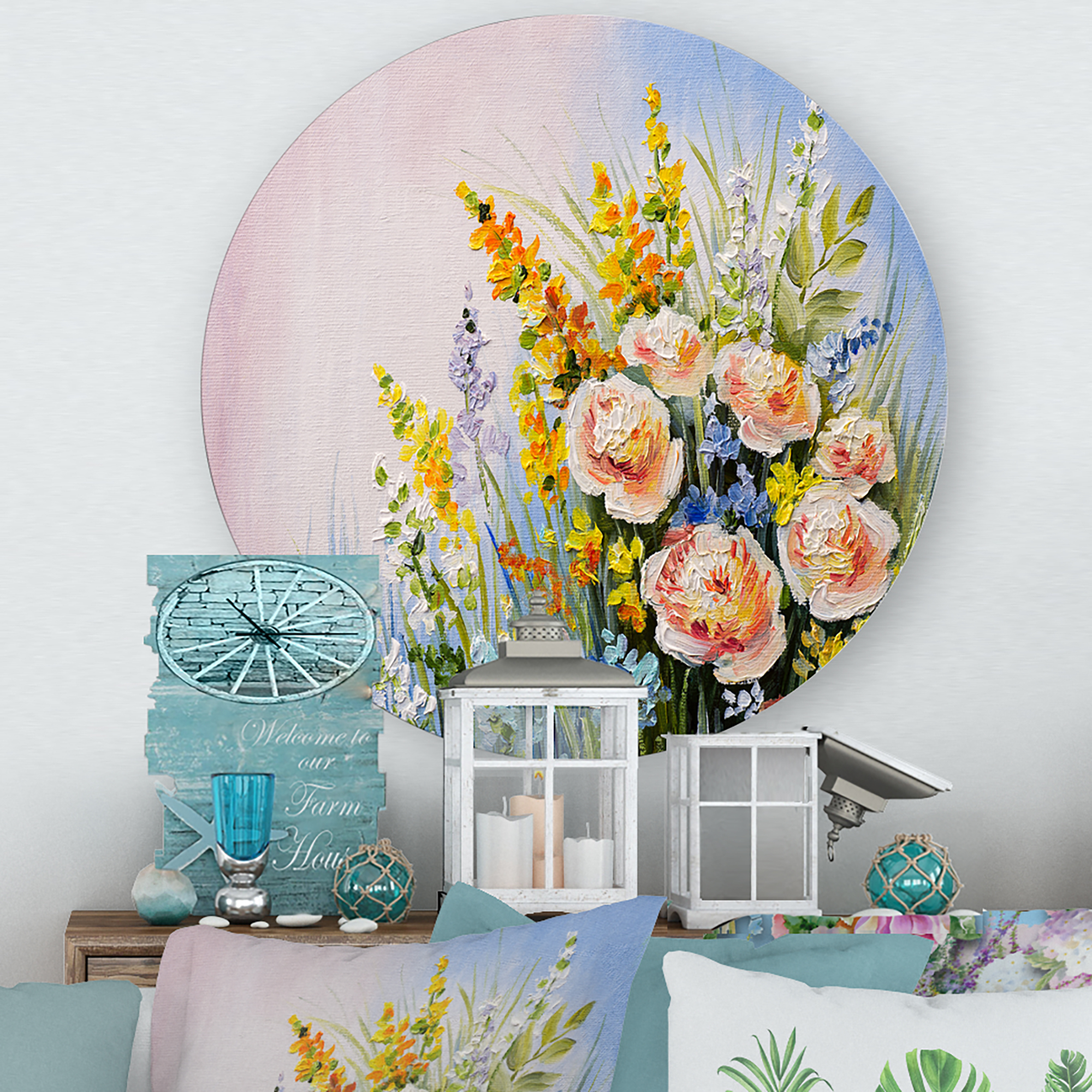 Designart 'Yellow and Pink Summer Wildflowers' Traditional Circle Metal Wall Art 23x23 - Disc of 23