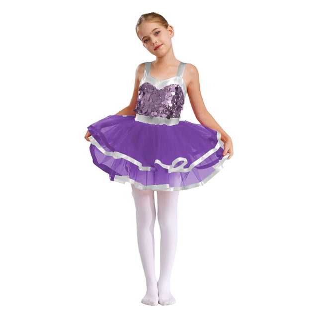 Hansber Robe Tutu de Danse pour Filles Enfants Paillettes Jazz Fête Robe de Danse Costume de Performance sur Scène Violet 12