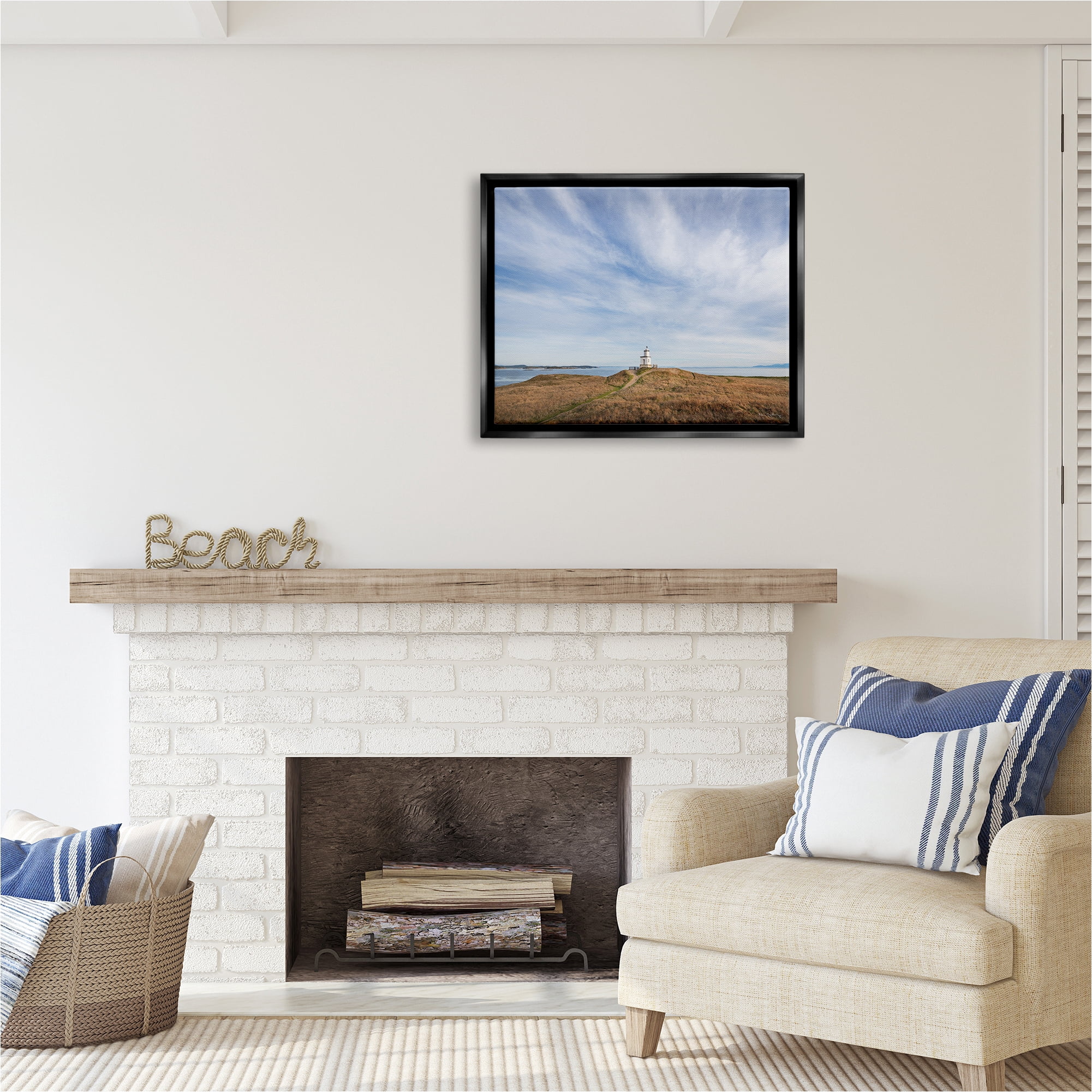Stupell Industries Nautical Lighthouse Beacon Landscape Photography Black Floater Framed Canvas Art Print Wall Art, 31 x 25