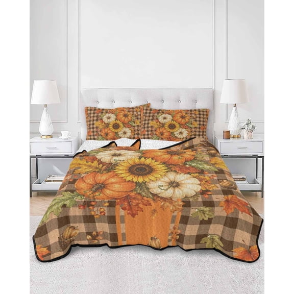 Quilts King Size, Thanksgiving Pumpkins Soft Comforter Bedding Set for Bed, Fall Maple Leaf Botanical Plaid Orange Lightweight Quilted Bedspread with Pillow Cover(2 Pieces), 96x106 Inch