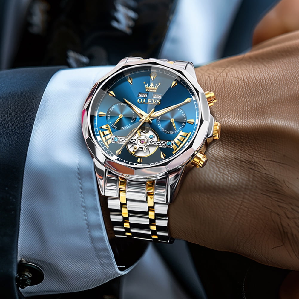 OLEVS Automatic Watches for Men Luxury Dress Waterproof Self Winding Mechanical Chronograph Diamond Stainless Steel Luminous Date Skeleton Tourbillon Mens Watches Gift Reloj Para Hombre Blue Dial