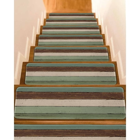 Green Brown Stair Treads for Wooden Steps Indoor Runner Rug Carpet Country Wood Grain Abstract Stripe 7 Pieces Peel and Stick Staircase Step Treads Covers Washable Throw Door Mats 30 x8