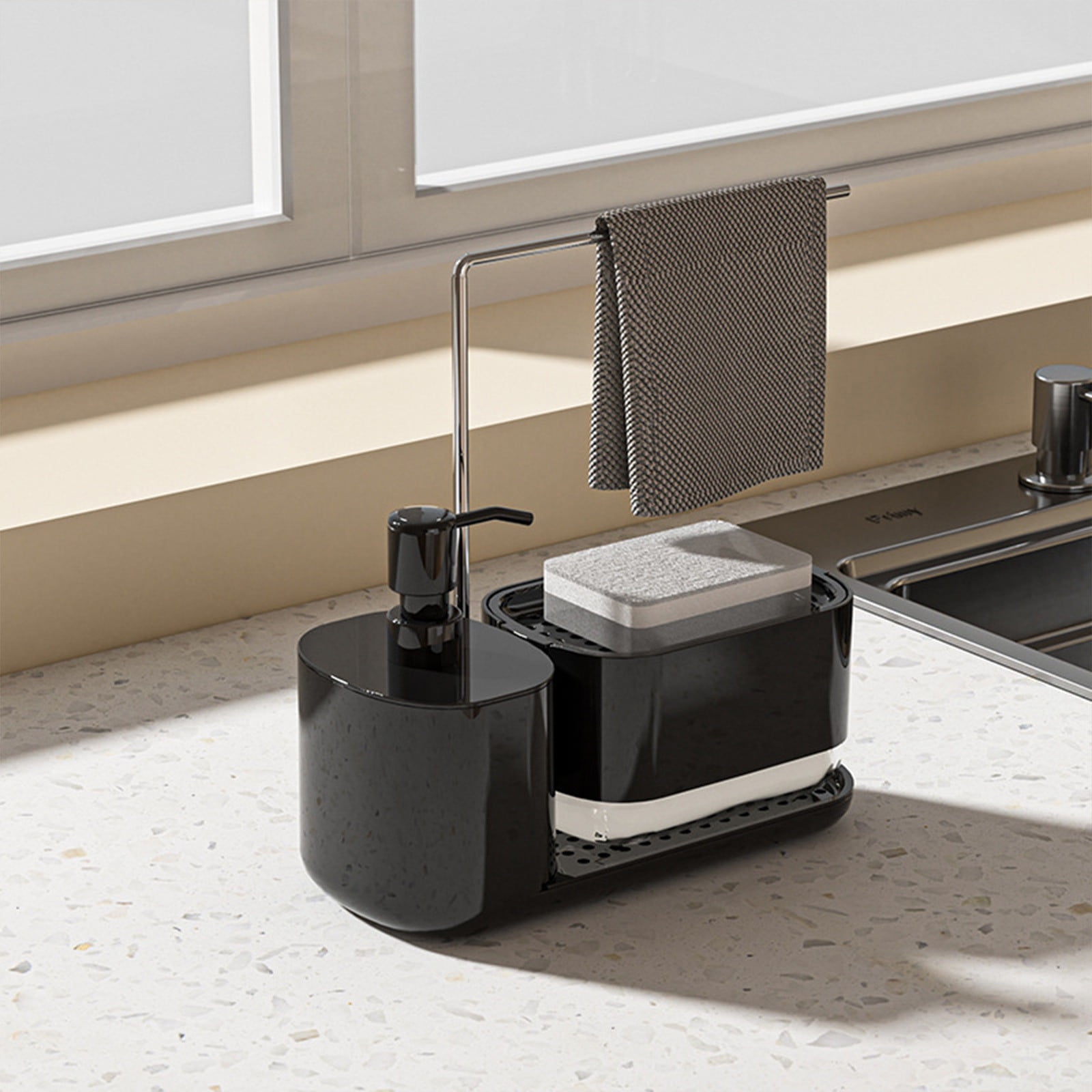 Kitchen Soap Dispenser Set with Tray and Sponge Holder, Dish and Hand Soap Dispenser with Dishcloth Holder 4-in-1 Kitchen Sink Countertop Storage Organizer, Useful Kitchen Gadgets