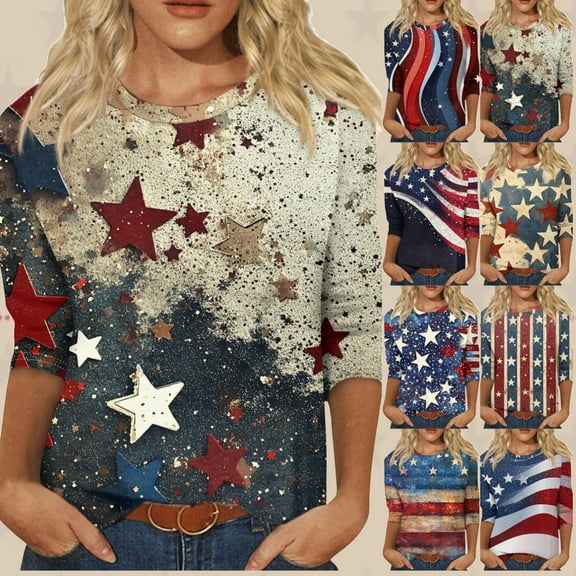 Difdany Casual Patriotic T-Shirt for Women – USA Flag Graphic Design, Red, White, and Blue 3/4 Sleeve Round Neck Tee, Perfect for Independence Day or Everyday Wear Dark Blue M