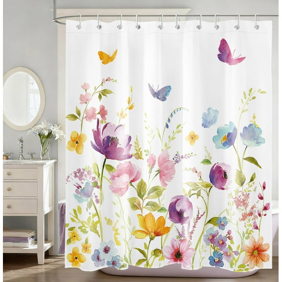 HVEST Watercolor Floral Shower Curtain, Purple Flower and Butterfly Bathroom Curtain Rustic Wildflower Polyester Fabric Decor Curtain with Hooks, 60X72 inch