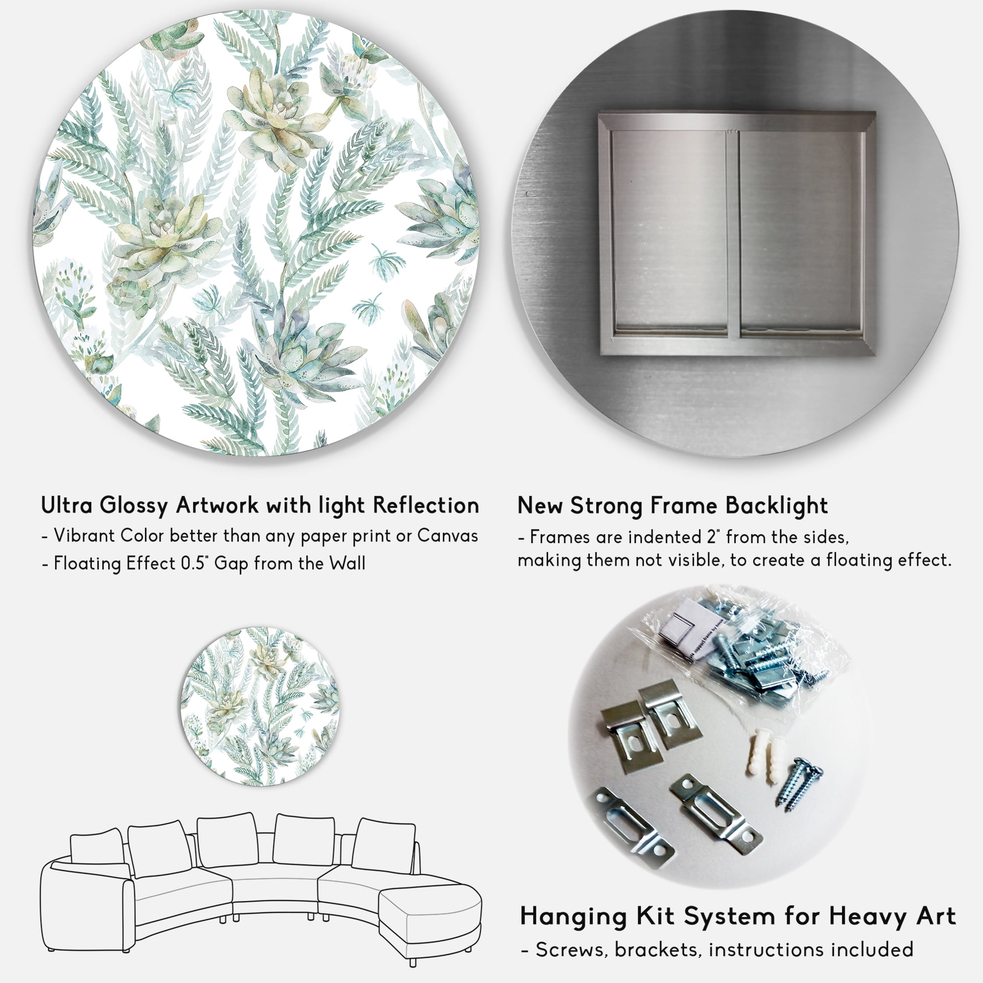 Designart 'Floral Seamless Pattern Succulents and Ferns Thorns' Farmhouse Circle Metal Wall Art 23x23 - Disc of 23