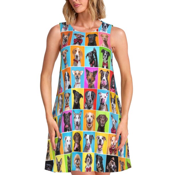 Fotbe Cute Dogs Collage Vestido de Verano sin Mangas para Mujer – Vestido Midi Línea A, Estilo Camiseta Floral, Vestido Playero Casual y Fluido