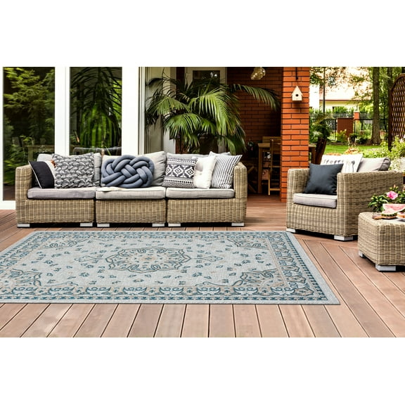 Allstar Rugs 2' 0" x 6' 11" Powder Blue Traditional Persian Themed Polypropylene Runner with a Dark Cyan Heriz Design and Gainsboro Grey Accents. Flatweave in Turkey.