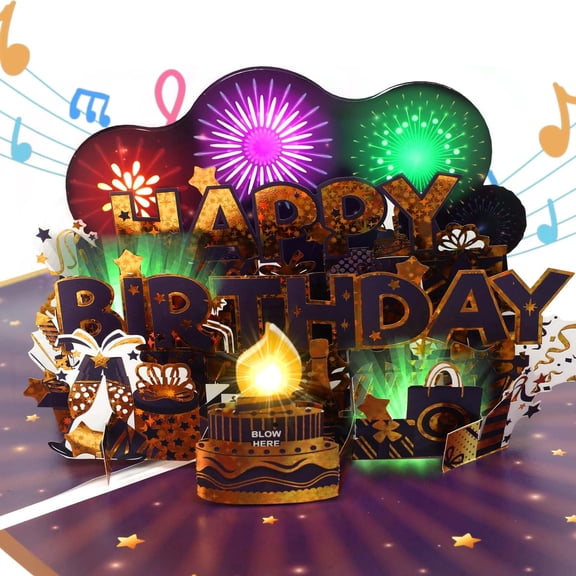 Musical Birthday Cards, Music & Firework Lights Birthday Card for Men, 3D Pop-up Blowable Candle Happy Birthday Card/Gift for Men, Women, Kids, Boys, Girls, Husband, Grandson